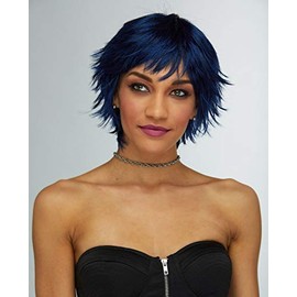 Jinx Blush Wig Color Midnite Blue - Sepia Wigs Short Pixie Cut Vintage Style Shag Synthetic Straight Costume Fantasy Spunky Rocker Anime Bundle MaxWigs Hairloss Booklet