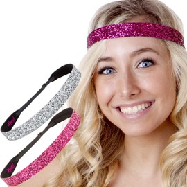 Hipsy Adjustable Non Slip Bling Glitter Headbands for Women Girls & Teens 2-Pack (Wide Silver & Hot Pink)