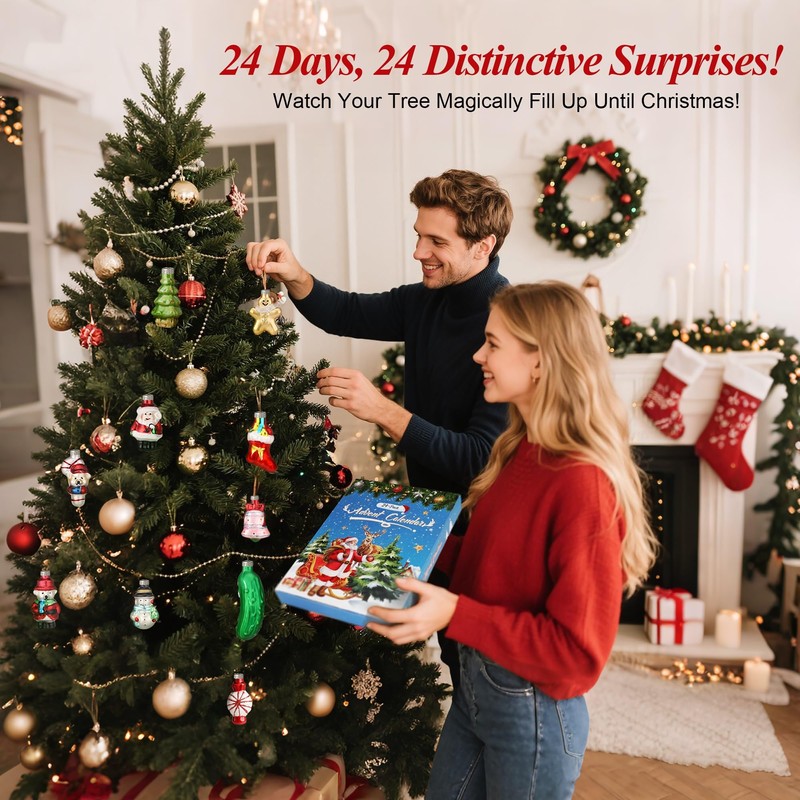 ElectricWise 24 Pcs Glass Christmas Ornaments & Advent Countdown Calendar