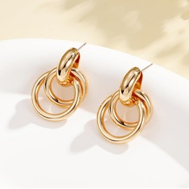 MAGIIE Women's Hoop Earrings, 18 Carat Gold-Plated Hoop Earrings, Huggie Earrings, Double Circle On Hoop Earrings, Gift for Women Girls, Copper, No