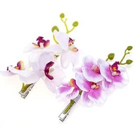2PCS Hawaiian Orchid Flower Hair Clips Flowers Alligator Clips Hairpins Holiday Travel Wedding Decoration Hair Accessories For Women Lady Bridal (White,Purple, 2PCS)