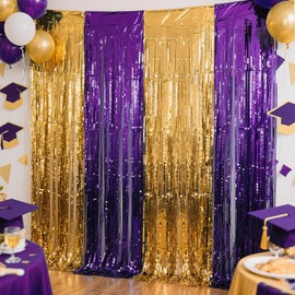 2pcs Foil Fringe Curtains Gold and Purple, 3.3x6.6ft Tinsel Streamer Backdrops Foil Fringe Curtains for Birthday, Graduation Party (Gold and Purple)