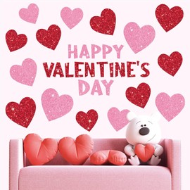 Whaline 9 Sheets Valentine' s Day Wall Stickers Glitter Red Pink Heart Room Mural Stickers Peel and Stick Wall Decals for Home School Office Wedding Anniversary Party Supplies