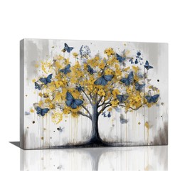 Blue Butterfly Tree Wall Art Golden Tree of Life Picture Abstract Textured Wall Decor Rustic Canvas Print Painting Home Artwork Decoration Gifts for Bathroom Living Room Bedroom Office 12"x16"