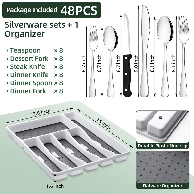 49-Piece Silverware Set with Organizer, CEKEE Stainless Steel Flatware Cutlery