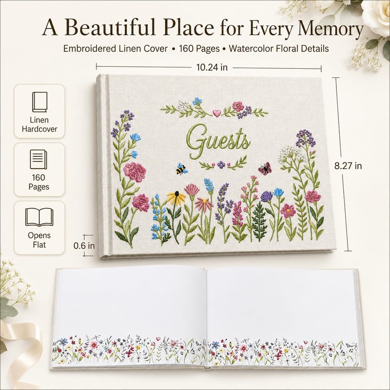 Embroidered Linen Wedding Guest Book, 160 Pages, Rustic Floral