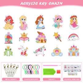 CAYUDEN Diamond Painting Key Chains, Pack of 15 5D Diamond Painting Keychain Kits Kids DIY Princess Diamond Pendant Ornaments Gem Art Pendant Craft Set Girls Children 4 6 8 10 12 Years