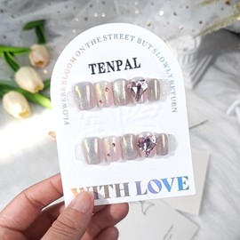 TENPAL Cat Eye Press on Nails Short Square Glitter Pink Nails with Love Diamond Soft Gel Fake Nails Full Cover Glossy Glue on Nails For Women Girls 10pcs/Box Reusable Short Artificial Nails(S)
