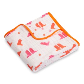 LollyBanks Muslin Baby Blanket 100% Cotton, Muslin Quilt Lightweight, Western Girl Muslin Blanket, 6 Layers Baby Blankets 47"x 47", Soft Nursery Receiving Blankets Baby Essentials (Pink Boot)