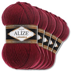 Alize 5 x 100 g Lanagold Wool | 53 Selection | Knitting Crochet Wool (57 | Bordeaux)