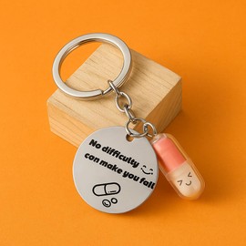 Inspirational Keychain – "No Difficulty Can Make You Fail" Engraved Metal Disc with Smiley Face and Capsule Pendant, Positive and Fun Keychains Accessory Gifts for Friends Women men