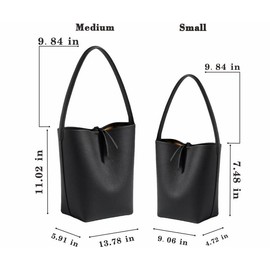 Handcrafted Leather Bucket Bag, Tote Bag Hand Bag for Women, First Layer Pebble-grained Carfskin, The Straight Row of Stinches with Brown Cotton Insert pocket(black, Medium)