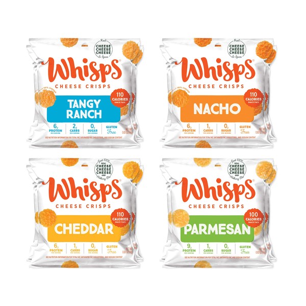 Whisps Cheese Crisps Variety Pack | Protein Chips | Healthy Snacks | Protein Snacks, Gluten Free, High Protein, Low Carb Keto Food | Parmesan, Cheddar Cheese, Asiago Pepper Jack (0.63Oz, 12 Pack)
