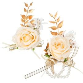 Wrist Corsage and Boutonniere Set, Flower Wrist Corsage Bracelets, Boutonniere for Women and Men, Wedding Bridal Flower Hand Decor for Bridal Shower, Wedding, Prom, Suit, Party, Homecoming (Champagne)