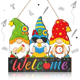 Classroom Welcome Sign Front for Door Decor Wooden Gnomes Hanging Sign Door Sign with Ropes Back to School Decoration Colorful Wall Art for Classroom Decor Porch Farmhouse Outdoor Room Decor (School)