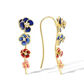 Santuzza Enamel Colorful Flower Ear Cuffs Climber Earrings Peony Gold Plated Ear Crawler Earrings for Women