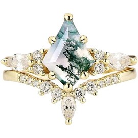 Yarrzhen Moss Agate Gemstone Women's Irregular Zirconia and Diamonds 2-Piece Ring Set 925 Sterling Silver Ring for Women Kite Cut Women's Ring Set for Engagement Silver Jewelry（7Gold）