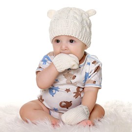 YeeHeen Newborn Winter Beanie Hats Gloves Kit for Baby Girls Boys Mittens Set Infant Knitted Hat Toddler Warm Cap White 3-6 Months