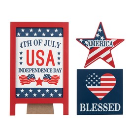 Glitzhome 3 Pcs 4th of July Table Decors Patriotic Tiered Tray Decors Memorial Day Americana Freestanding Wooden Block Table Signs