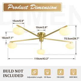 Magiroz 5 Lights Industrial Semi Flush Mount Ceiling Light Fixture Gold Modern Sputnik Chandelier Ceiling Light Fixtures Globe Sputnik Ceiling Lamp Glass Close to Ceiling Light Fixtures MCL05-GD