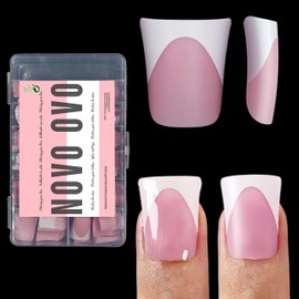 NOVO OVO french tip duck nail tips French tip short duck nail tip press-on, pre-designed soft gel nail extension, berry pink tip primer & base coat applied, full cover mat, real false nails, DIY use