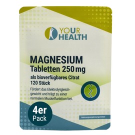 MAGNESIUM 250 mg, als bioverfügbares Citrat, vegan und frei von Farb- oder Konservierungsstoffen - 480 Tabletten (4er Pack)