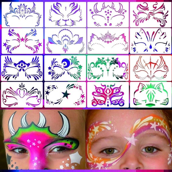 FOLANDO Face Paint Stencils, 16 Pcs Reusable Face Painting Stencil