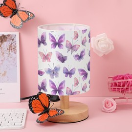 VIHOSE Butterfly Table Lamp for Bedroom Kids Bedside Lamp with Linen Wooden Nightstand Lamp Cartoon Nursery Lamp Lampshade for Girls Boys Living Room