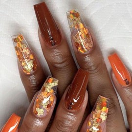 Fall Press on Nails Medium Square False Nails with Maple Leaf Gold Foil Design Full Cover Dark Red Fake Nails Glossy Orange Stick on Nail Reusable Holiday Glue on Nail for Women Girls Manicure 24Pcs