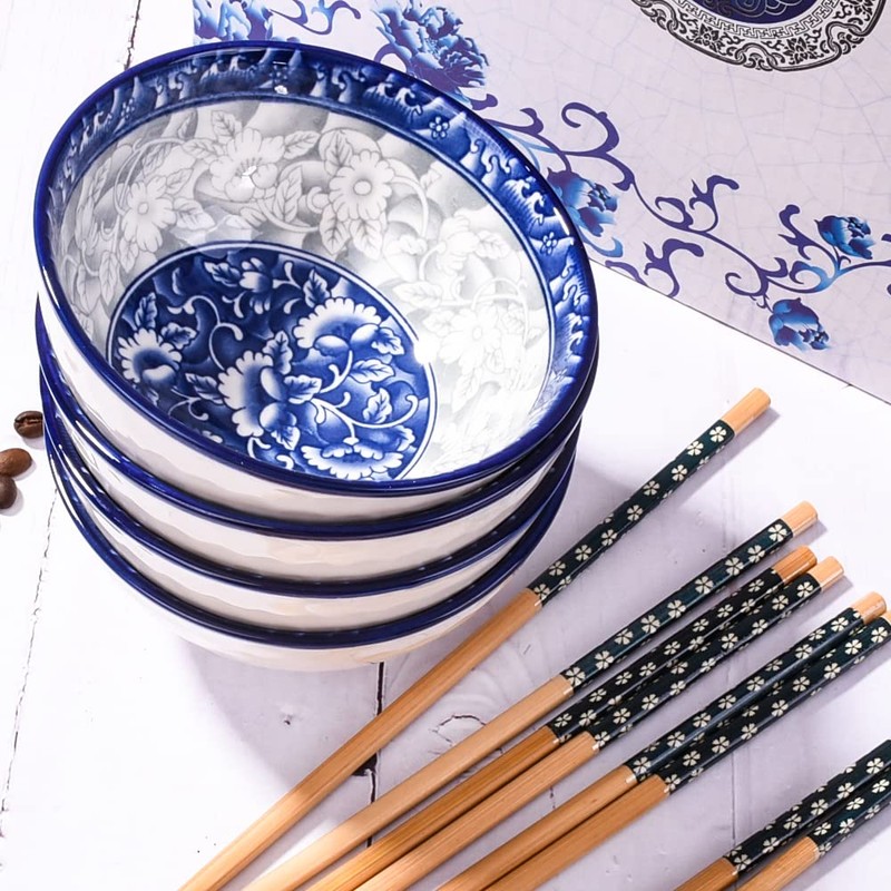 BOSILI Chinese Blue and White Ceramic Rice Bowls and Chopsticks