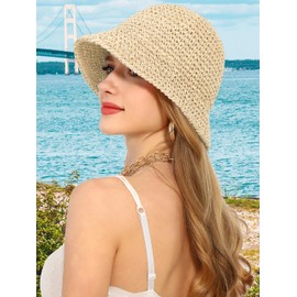 Rulala Fancy Womens Sun Hat Handmade Straw Bucket UV Protection Wide Brim Packable Travel Beach Cap for Summer UPF 50+(Beige)