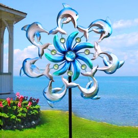Qobumy Dolphin Wind Spinners Garden Stake, 39" Metal Dolphins Wind Spinner Outdoor Decorations- Outside Lawn Stake Wind Sculptures for Yard Patio,Lawn & Garden Art Decor