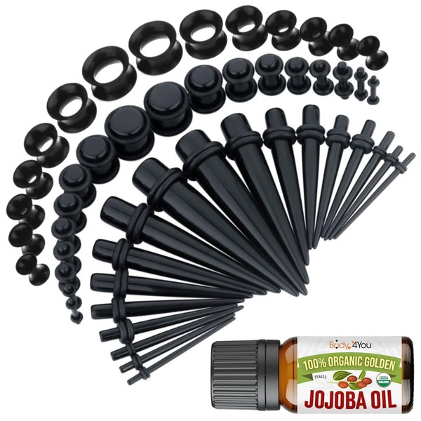 BodyJ4You 54PC Ear Stretching Kit 14G-12mm - Aftercare Jojoba Oil - Acrylic Plugs Gauge Tapers Silicone Tunnels - Lightweight Expanders Men Women (Black)