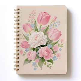 Flowers Decor A5 Journal Spiral Notebook, Peony Tulip Rose Soft Cover Wire Bound 80 Sheets/160 Pages 8.4"x6.4" Writing Diary, Thoughtful Gift for Woman,Travel Notepads Memo Notes for Office School