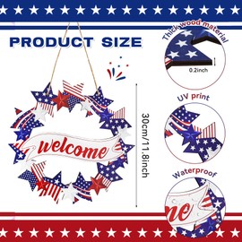 4th of July Door Sign Decor Patriotic Wooden Hanging Sign Independence Day Memorial Day Decoration American Flag Bouquet Door Hanger for Outdoor Farmhouse Porch