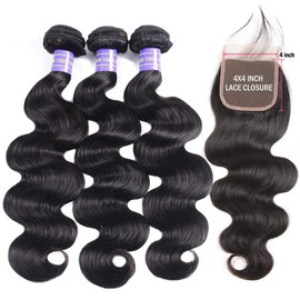 Aopusi Bundles and Closure Body Wave Bundles with Closure (20 22 24+18，Free Part) 3 Bundles with Lace Closure 100% Brazilian Virigin Human Hair Weave Bundles with Closure Natural Color