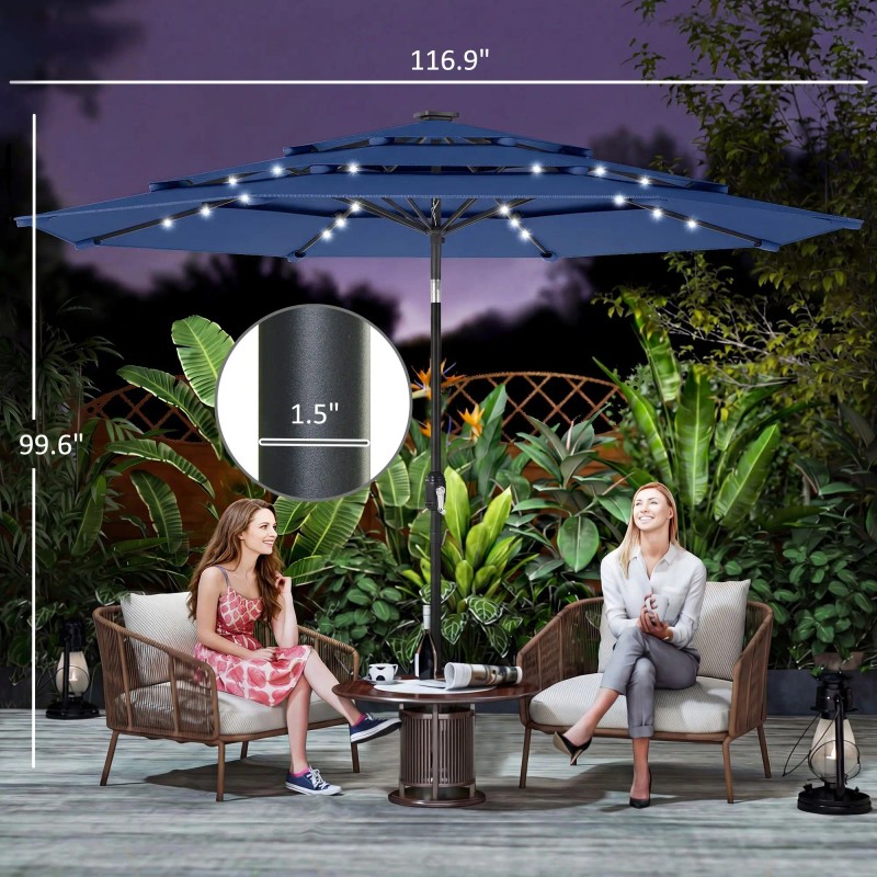 "Solar-powered 9.7 ft Navy Blue Patio Umbrella with 3 Tier