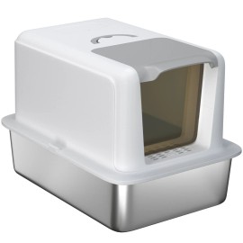 2 1 Stainless Steel Cat Litter Box Removable Lid Scoop Filter Bags XL for Small Large Cats White-Durable Plastic Pet AccessoryColor: White Color