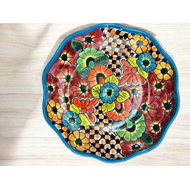 Talavera Scalloped Edge Plate – 12-Inch Round Handmade Mexican Pottery – Decorative Serving Platter or Dinner Plate – Can Be Hung on the Wall – Hand-Painted & Unique (Baby Blue)