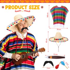 Unittype 6 Pcs México Costume Set Sombrero Hat México Poncho Mustache Maracas Outfit Fiesta Party Decorations(Gorgeous)