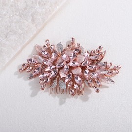 Xerling Handmade Wedding Pink Rhinestone Hair Comb Floral Bridal Headpiece Brides Flower Hair Piece Accessories Vintage Side Comb for Women (Pink)