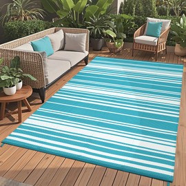 GlowSol Outdoor Patio Rug 9x18 Outdoor Plastic Straw Rug Reversible Mat Clearance,Striped Waterproof Camping Rugs for Front Porch Deck Backyard Outside Porch RV Camper Picnic Balcony Beach,Blue