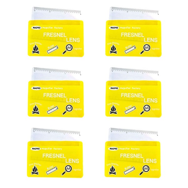 MagDepo 6 Pack Credit Card Size Magnifier Ruler Fresnel Lens Fire Starter Compact Plastic Magnifying Glass Wallet Pocket Magnifier for Reading Small Print, Maps, and Books -Yellow