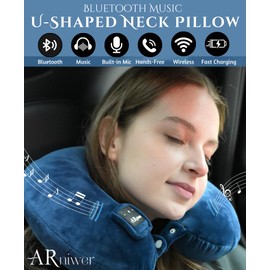 ARniwer Bluetooth Music U Shaped Neck Pillow Wireless Bluetooth Speaker Memory Foam Suitable Airplane,Bus,Train,Car,Office,and Outdoor Camping The Best Travel Essentials. (Navy Blue)