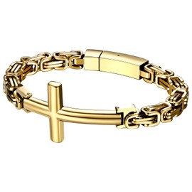 Oidea Men's Cross Bracelet: Gold Punk Stainless Steel Byzantine Link Chain Bracelets Christian Faith Bracelets Religious Jewelry Gifts for Men and Women