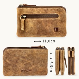 LEDEROW - XXL Leather Key Case for Men and Women [3 Separate Compartments] Zip - Key Bag Large Genuine Leather for Keys Car Keys - Many Colours, black
