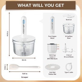 TTFTTF Glass Food Processor with 3 Blades & 4 Bowls (8 Cup + 3x0.5 Cup), Small Food Processor& Meat Grinder - Compact Design for Meal Prep, Baby Food, Sauces - Dishwasher Safe