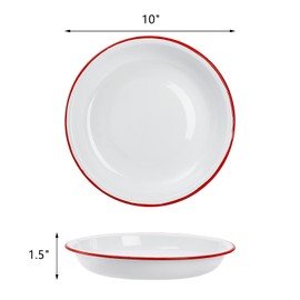 Lawei Set of 4 Enamel Dinner Plates, 10 Inch Round Dinner Plate with Red Rim, Retro Salad Pasta Bowls Enamel Deep Dinner Serving Platter for Dinner, Outdoor, Picnic, BBQ, Butter
