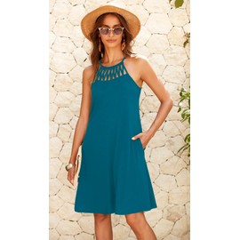 Bluetime Summer Sun Dresses for Women 2024 Vacation Trendy Floral Mini Halter Dress(Blue Green,XXL)