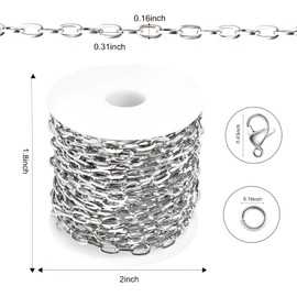 Kyutong - Cadena de cadena ovalada plana de acero inoxidable de 32.8 pies, cadena de eslabones de plata con cierres de langosta y anillos abiertos